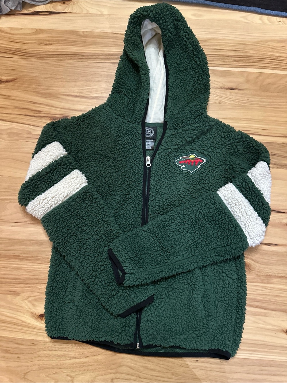 NHL MN Wild Dark Green Sherpa Hoodie with Full Zipper and Hood Unisex 10-12